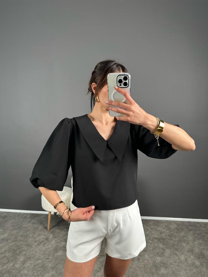 Misu Siyah Bebe Yaka Balon Kol Bluz 