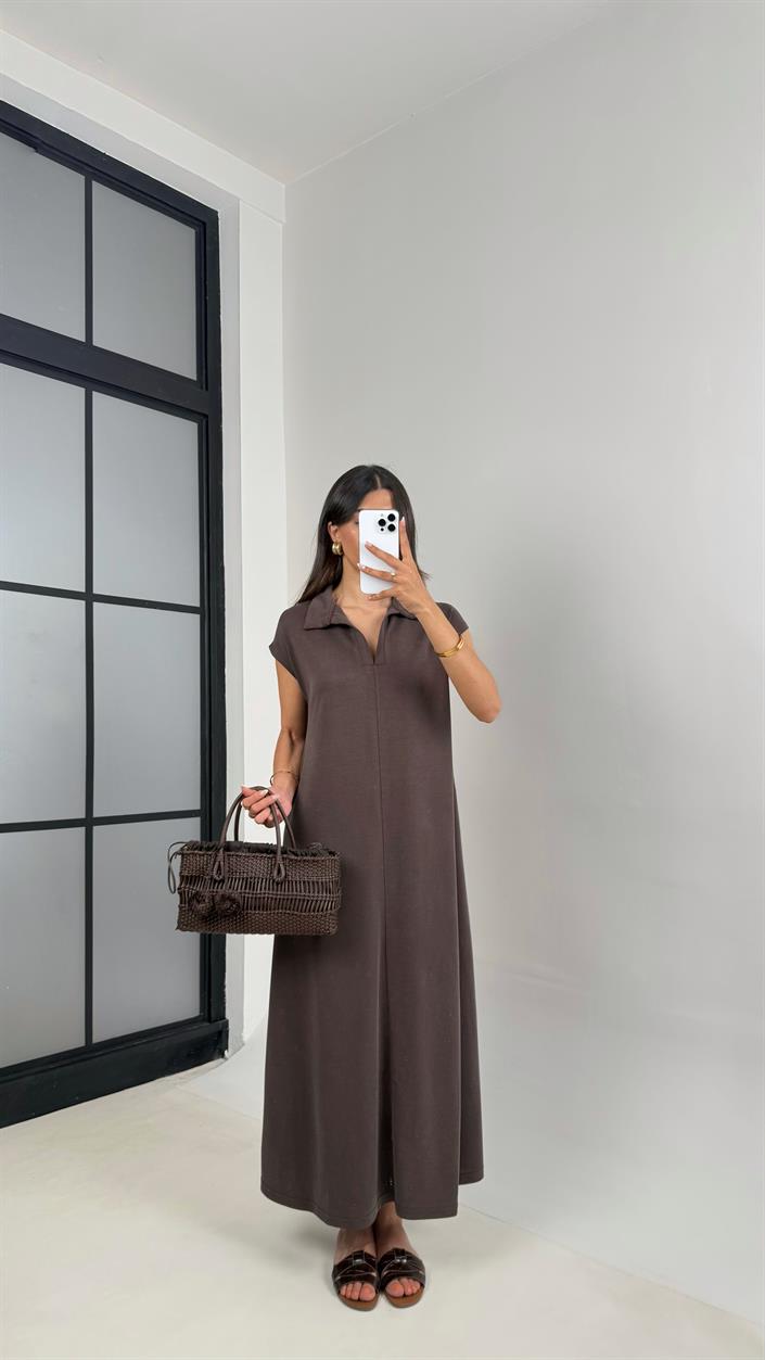 Kahve MD Muadil Polo Yaka Cepli Basic Elbise Gaus00568