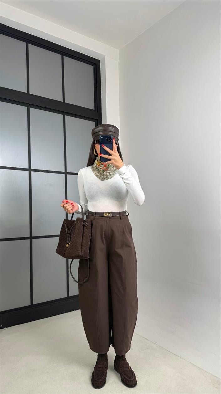 Kahve Beli Lastikli Poplin Balon Pantolon GAUS-00915