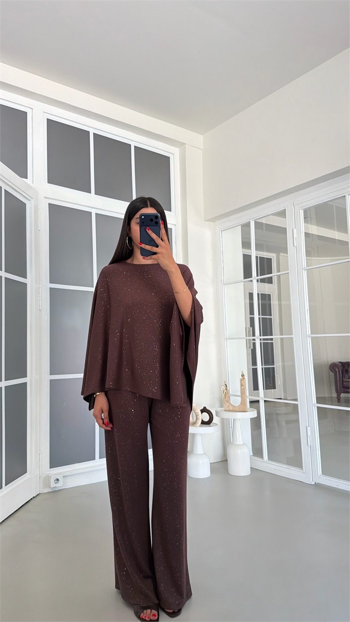 Kahve Sim Detaylı Pelerin Beli Lastikli Pantolon İkili Modal Takım GAUS-01869