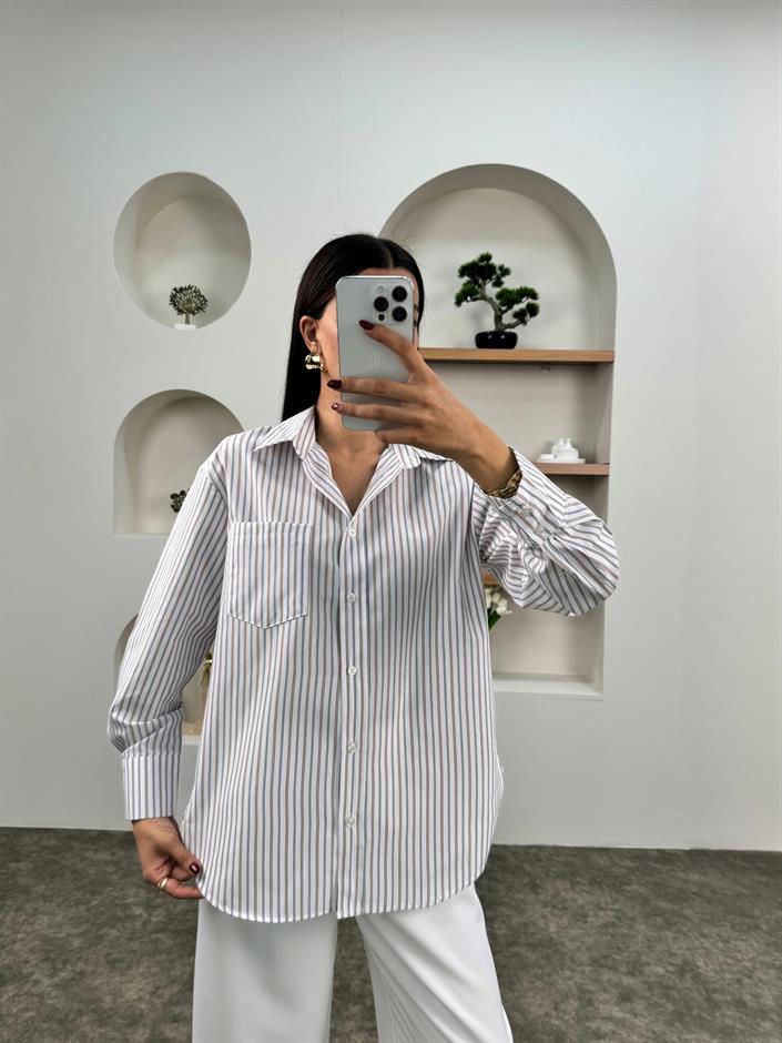 Lita Kahve Çizgili Oversize Gömlek