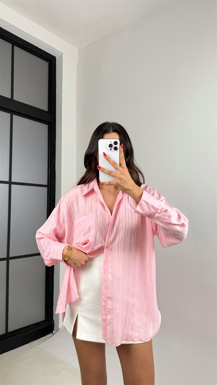 Pembe Şerit Desenli Kırışık Tencel Gömlek GAUS-0032