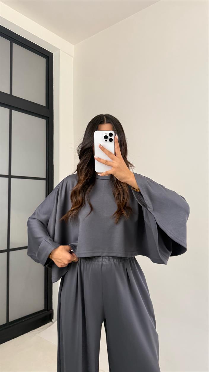 Antrasit Yarasa Kol Crop Beli Lastikli Pantolon OYS Muadil Modal Takım GAUS-0080