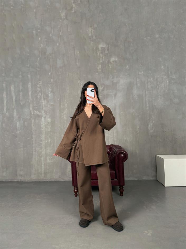 Rozali Kahve Gabardin Kimono İkili Takım