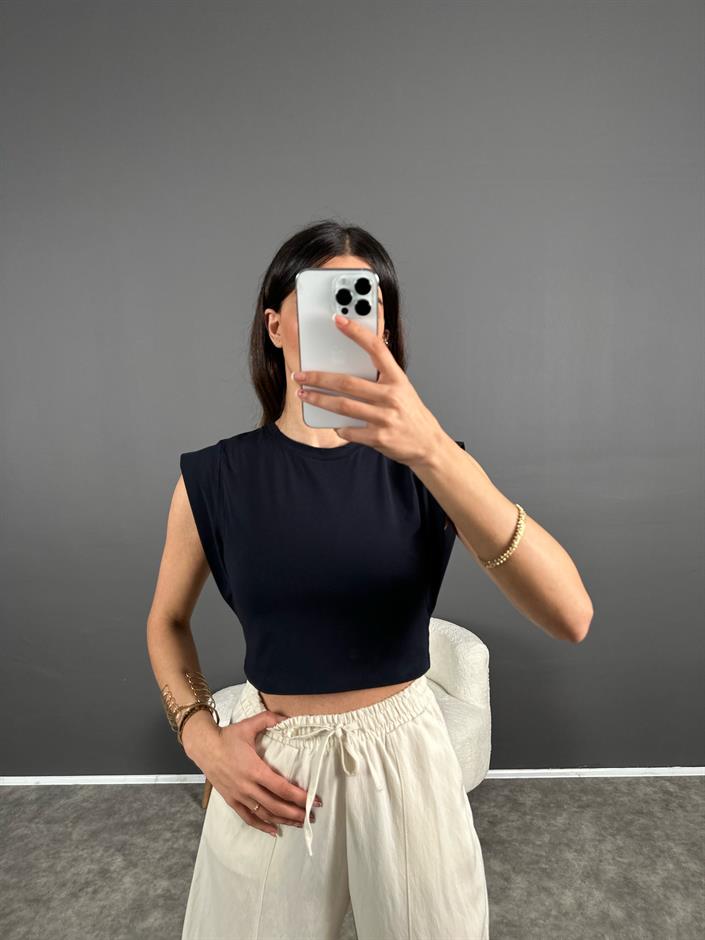 Koyu Lacivert Kol Detaylı Crop Tshirt