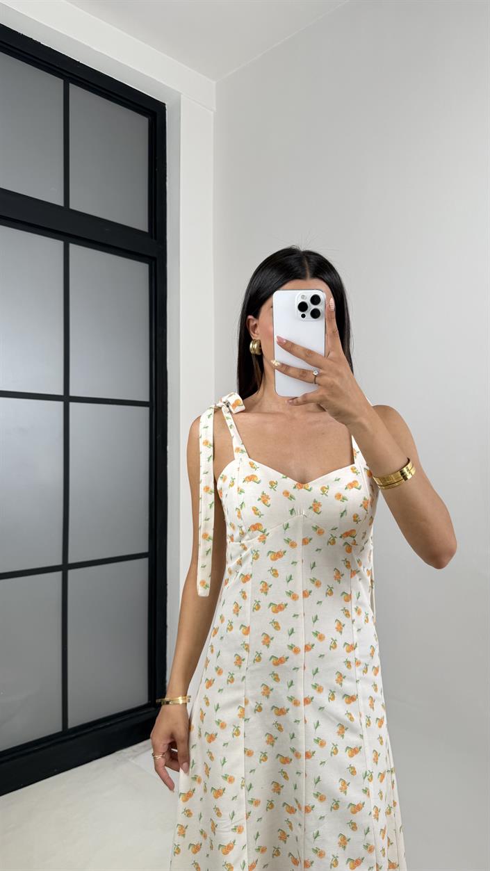 Beyaz Portakal Desenli Omuz Bağlamalı Astarlı Pinterest Keten Elbise Gaus00664
