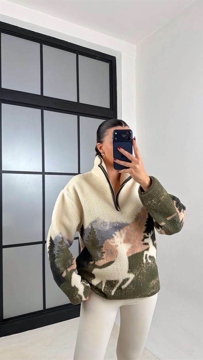 Ekru Fermuarlı Geyik Desenli Polar Sweatshirt GAUS-00723