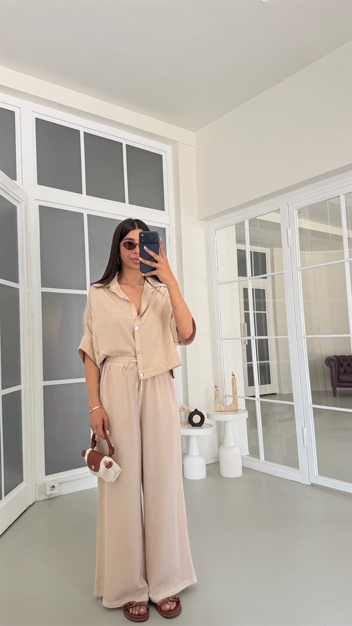 Taş Yarasa Kol Gömlek Beli Lastikli Pantolon Tencel Denim Takım GAUS-01785