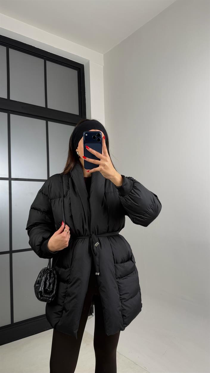 Siyah Astarlı Cep Detaylı Kuşaklı Şişme Mont GAUS-00879