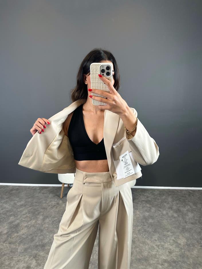 Ketrina Bej Tasarım Blazer Ceket İkili Takım 