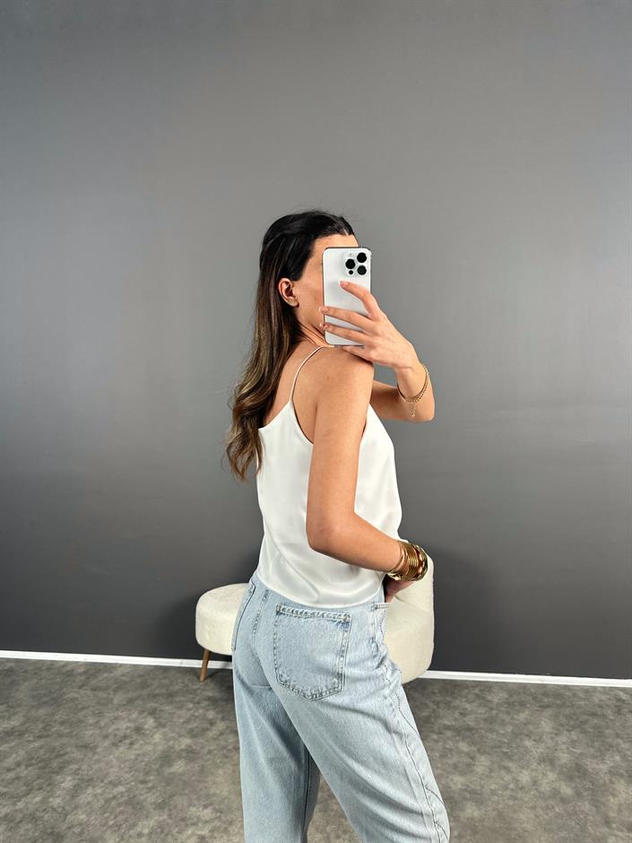 Beyaz Saten İp Askılı Basic Bluz