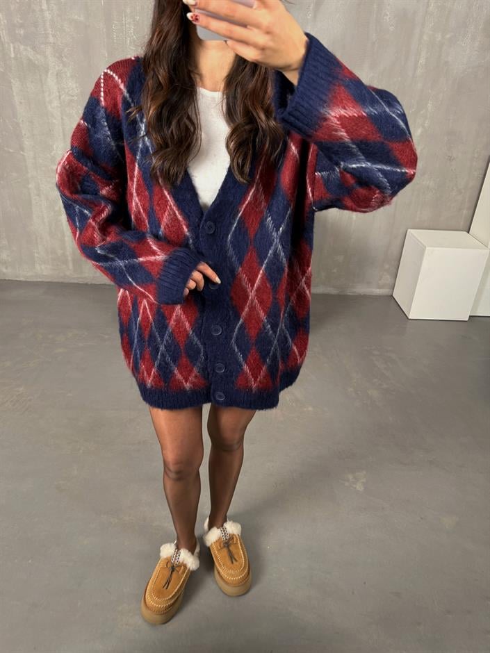 Metu Bordo Lacivert Baklava Desenli Sakallı Hırka