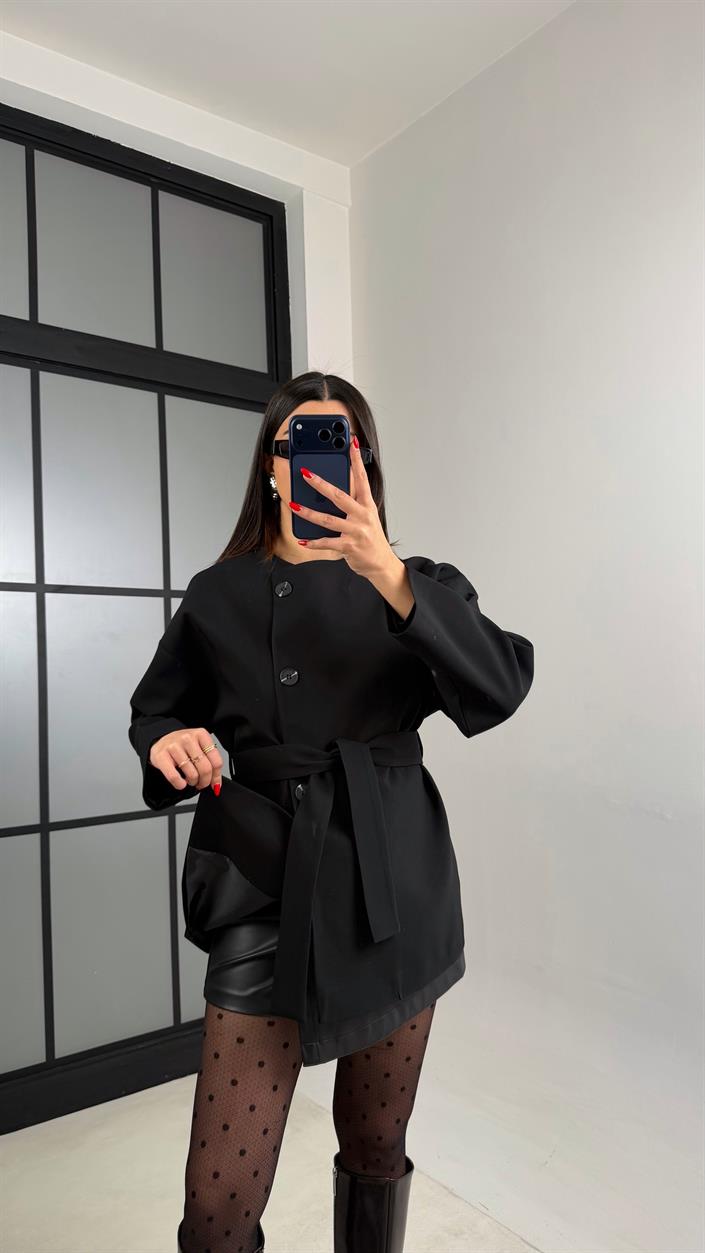Siyah Astarlı Kemerli Muadil Ceket GAUS-00990