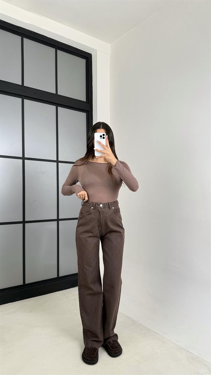 Kahve Eskitmeli Kesik Paça Straight Jean GAUS-00548