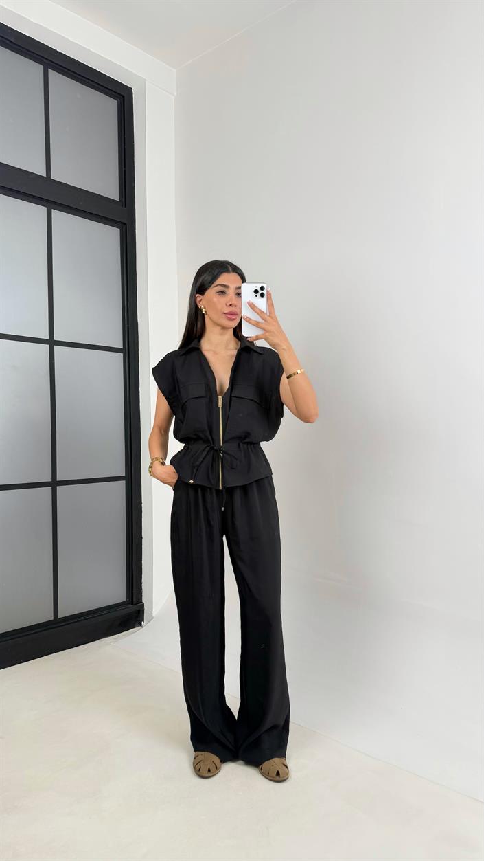 Siyah Cepli Bağlamalı Yelek Beli Lastikli Pantolon İkili Tencel Takım Gaus00546