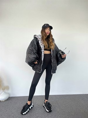Çift Taraflı Yarasa Kol Oversize Leoparlı Mont