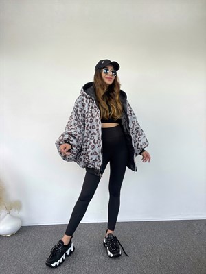 Çift Taraflı Yarasa Kol Oversize Leoparlı Mont