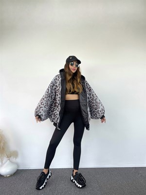 Çift Taraflı Yarasa Kol Oversize Leoparlı Mont