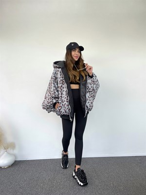 Çift Taraflı Yarasa Kol Oversize Leoparlı Mont