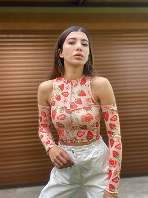 Çilek Desenli Kol Detaylı Crop Bluz
