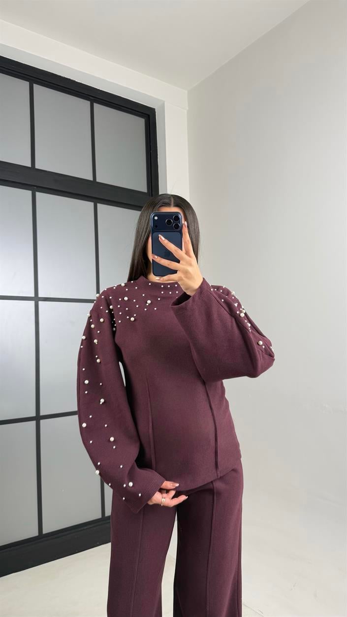 Mürdüm İnci İşleme Detaylı Kazak Pantolon Selanik Triko Takım GAUS-01069