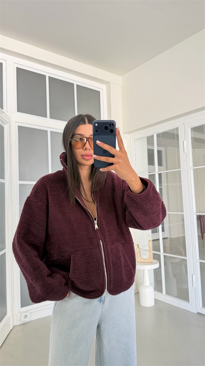 Mürdüm Fermuarlı Cepli Polar Sweatshirt GAUS-02031