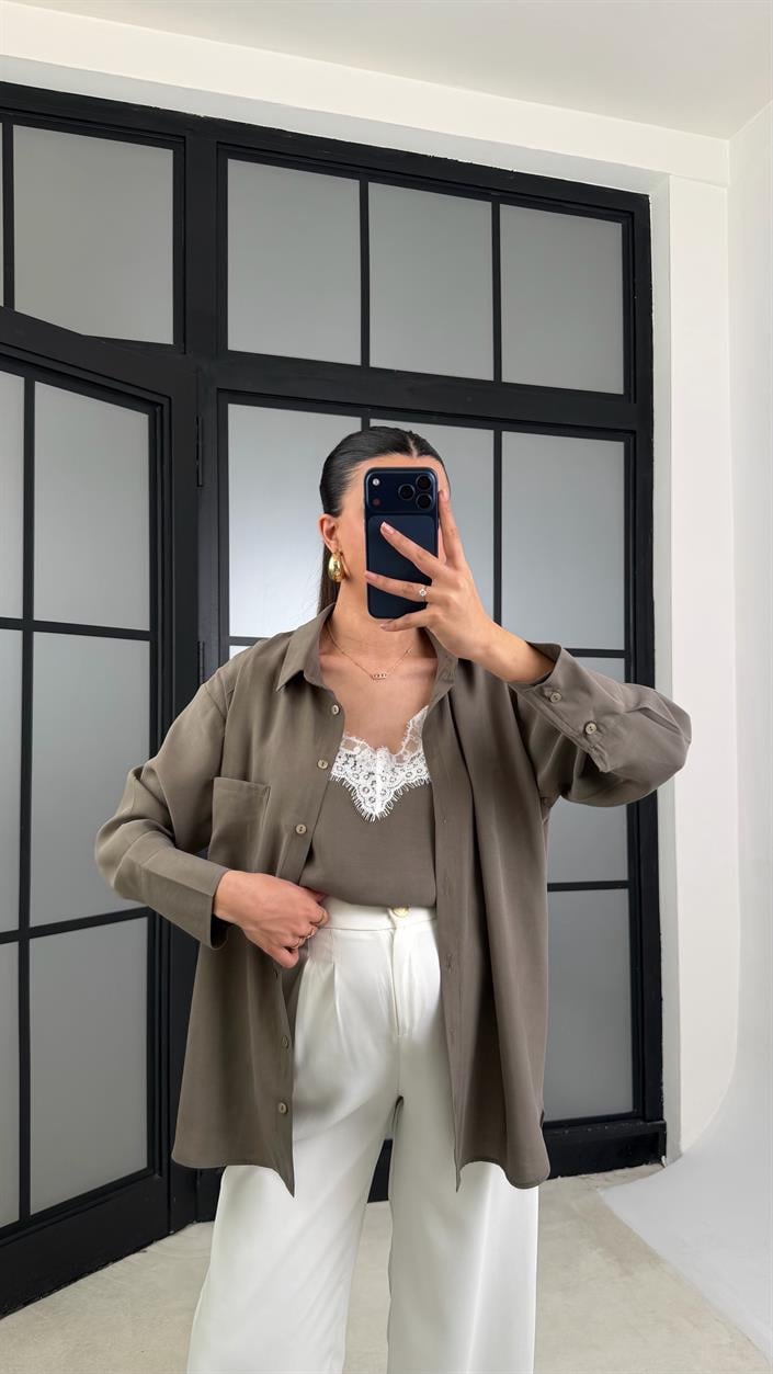 Haki Dantel Detaylı Birleşik Atlet Gömlek İkili Tencel Gömlek  GAUS-01181