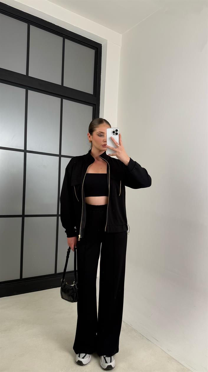 Siyah Cep Detaylı Hırka Beli Lastikli Pantolon Modal Takım GAUS-00620