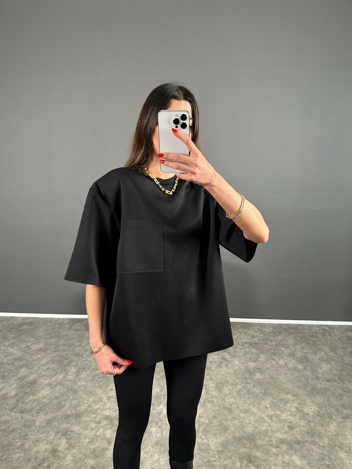 Siyah Vatkalı Scuba Arkası Fermuarlı Tshirt