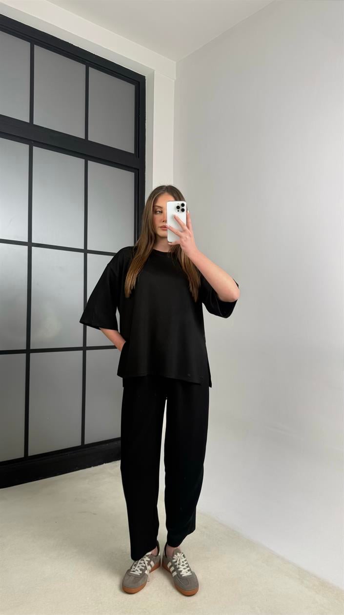 Siyah Bluz Beli Lastikli Pantolon Modal Kumaş Basic Takım GAUS-01132