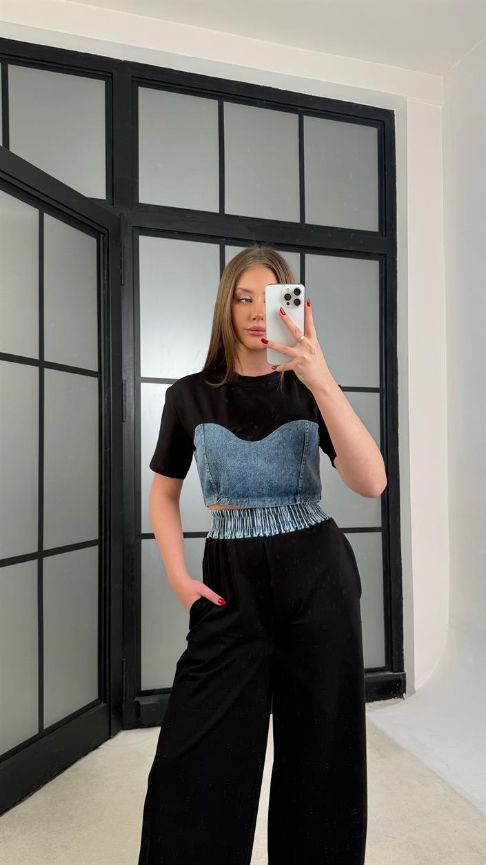 Siyah Denim Detaylı Crop Beli Lastikli Pantolon Premium Takım GAUS-01273