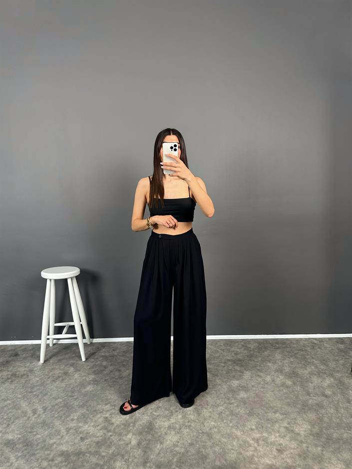 Sesto Siyah Salaş Düğmeli Bol Pantolon