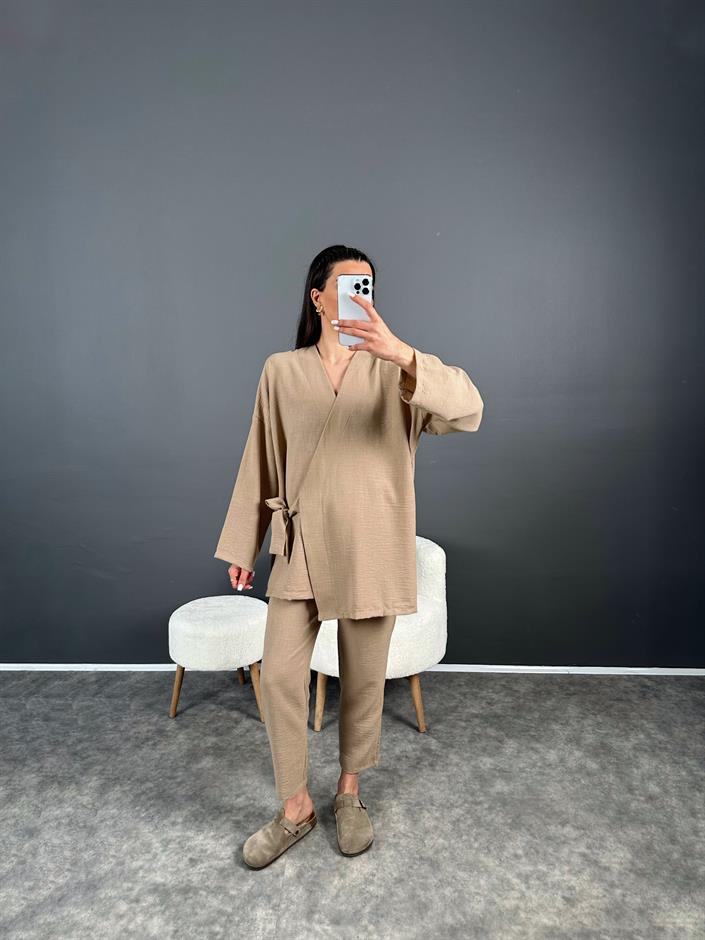 Melirose Bej Bağlamalı Keten İkili Takım