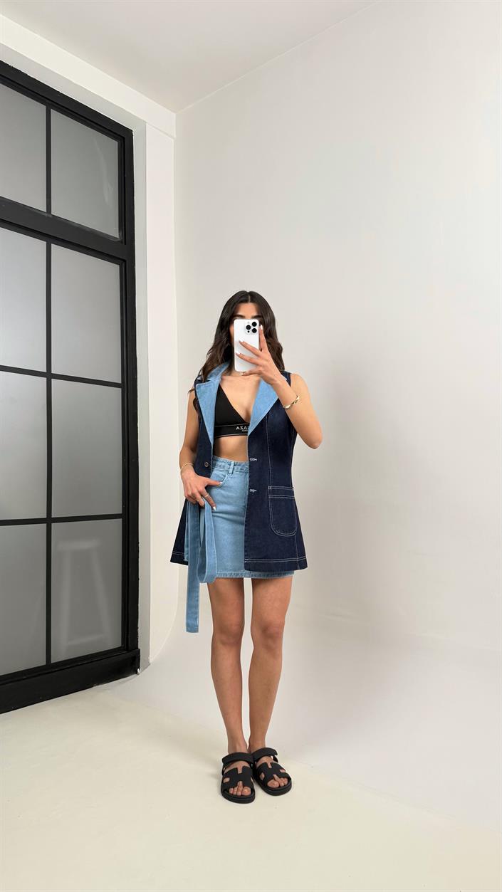Lacivert Önü Düğmeli Kuşaklı Yelek Cepli Etek İkili Denim Takım Gaus00341