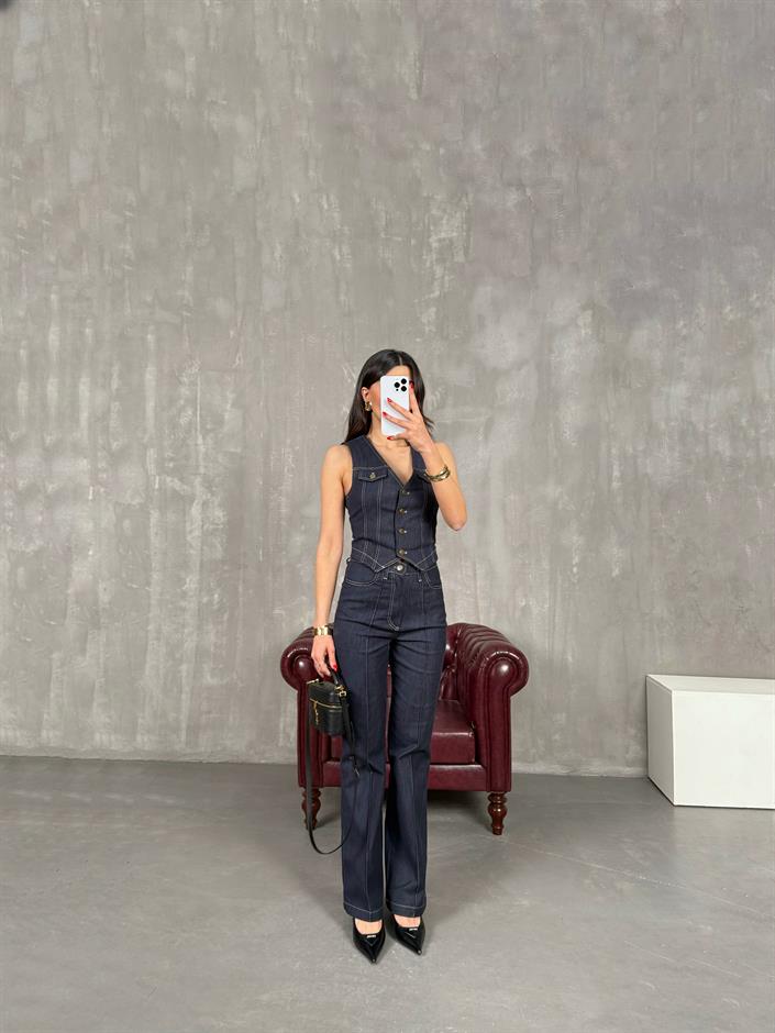 Lacivert Likralı Yelek Pantolon İnce Denim Takım Gaus00198