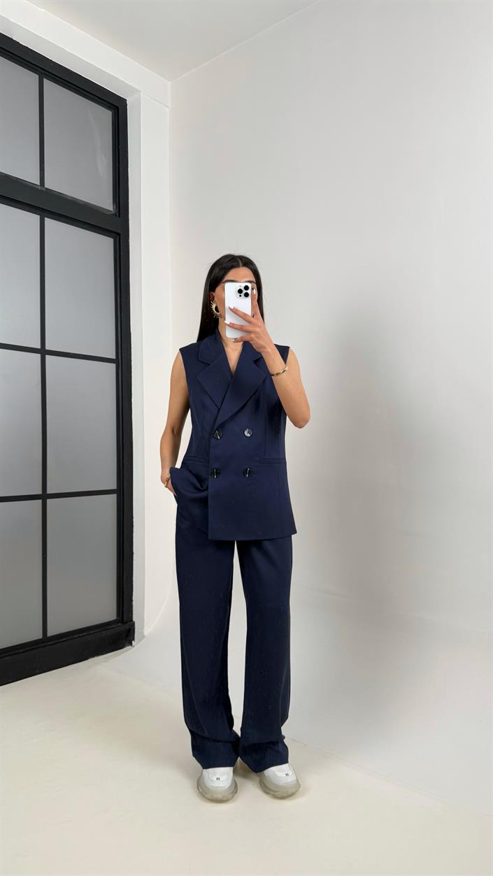 Lacivert Önü Düğmeli Astarlı Yelek Beli Lastikli Pantolon Tencel Premium Takım Gaus00366