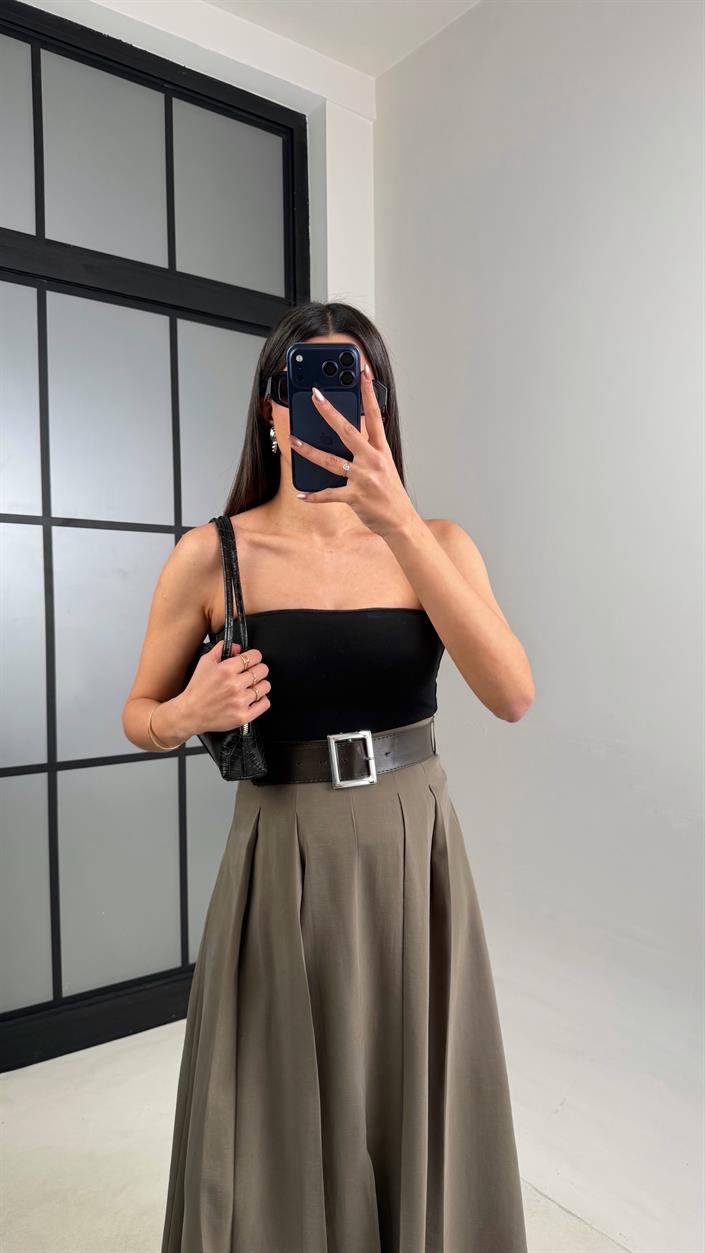 Haki Deri Kemerli Yırtmaçlı Tencel Etek GAUS-01088