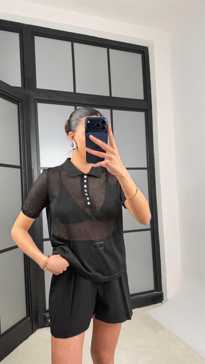 Siyah Polo Yaka Simli Transparan Bluz GAUS-01325