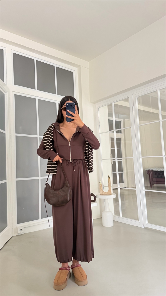 Kahve Kapüşonlu Hırka Beli Lastikli Geniş Paça Pantolon İkili OYS Modal Kumaş Takım GAUS-02152