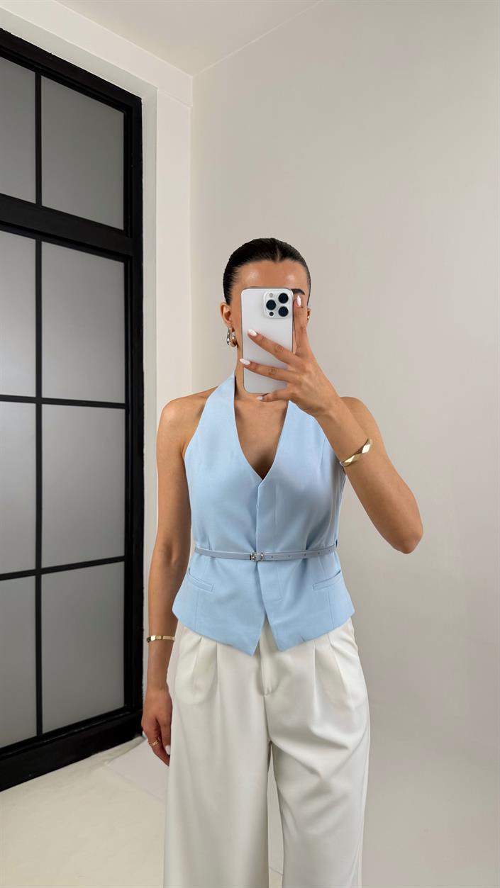 Mavi Önü Düğmeli Kemerli Tasarım Yelek Gaus00420