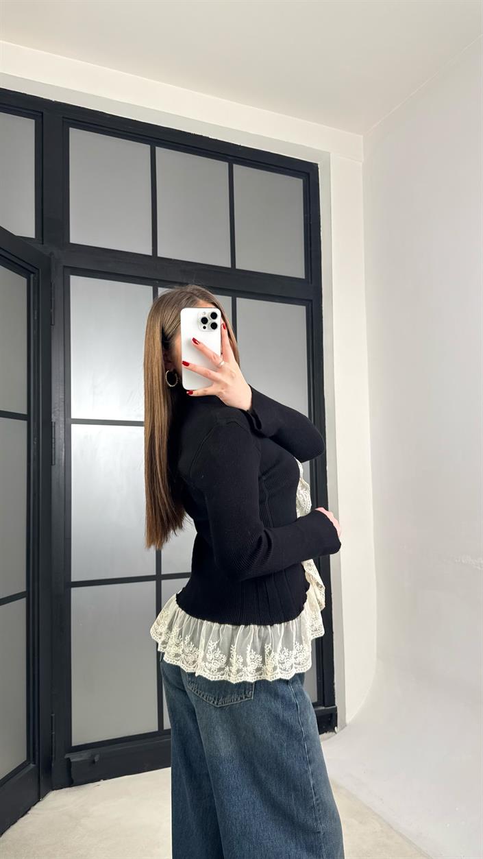 Siyah Dantel Detaylı Triko Hırka GAUS-01270