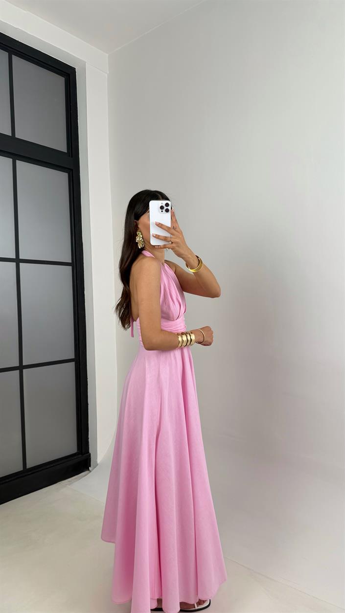 Pembe Boyundan Bağlamalı Astarlı Keten Elbise Gaus00627
