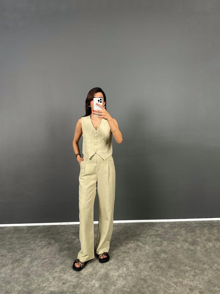 Evia Soft Haki  Premium Keten Yelek Pantolon İkili Takım