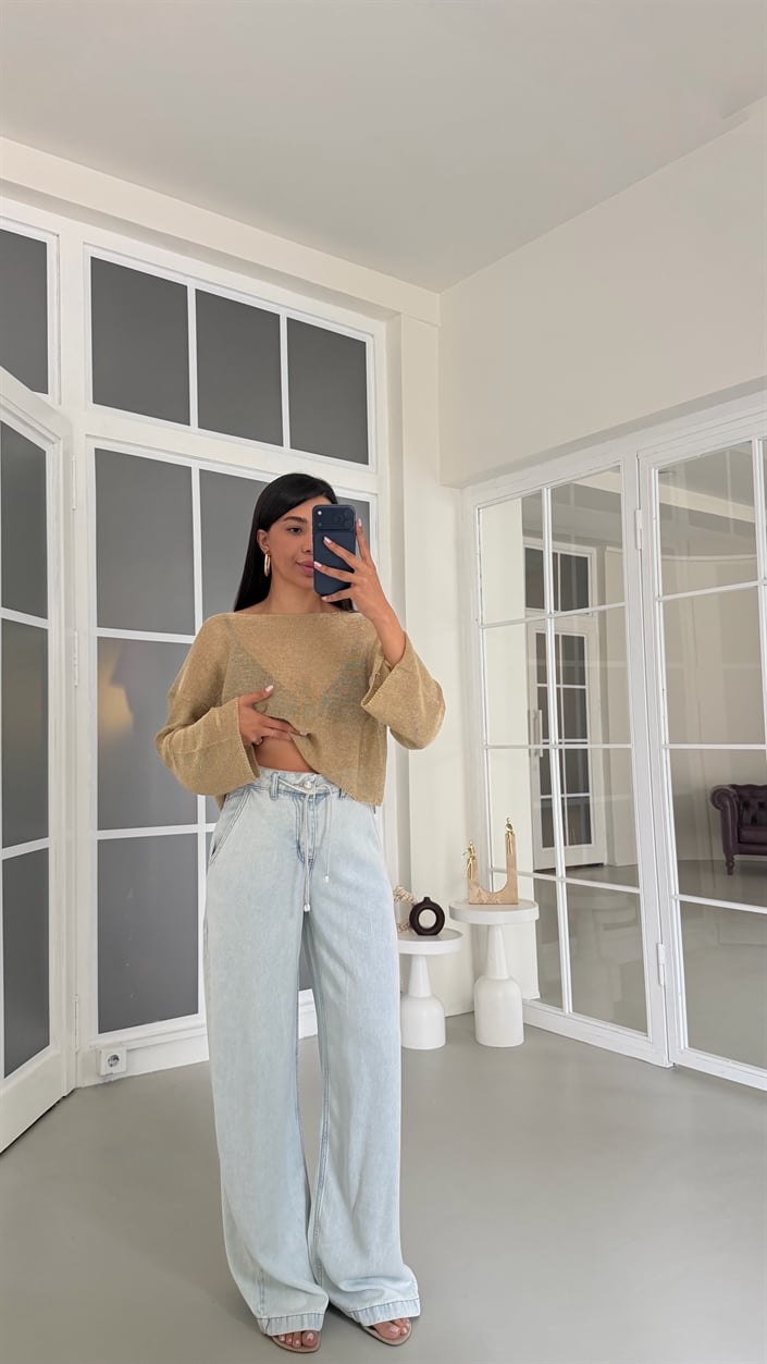 Buz Mavi Kuşaklı Tencel Denim Pantolon GAUS-01617