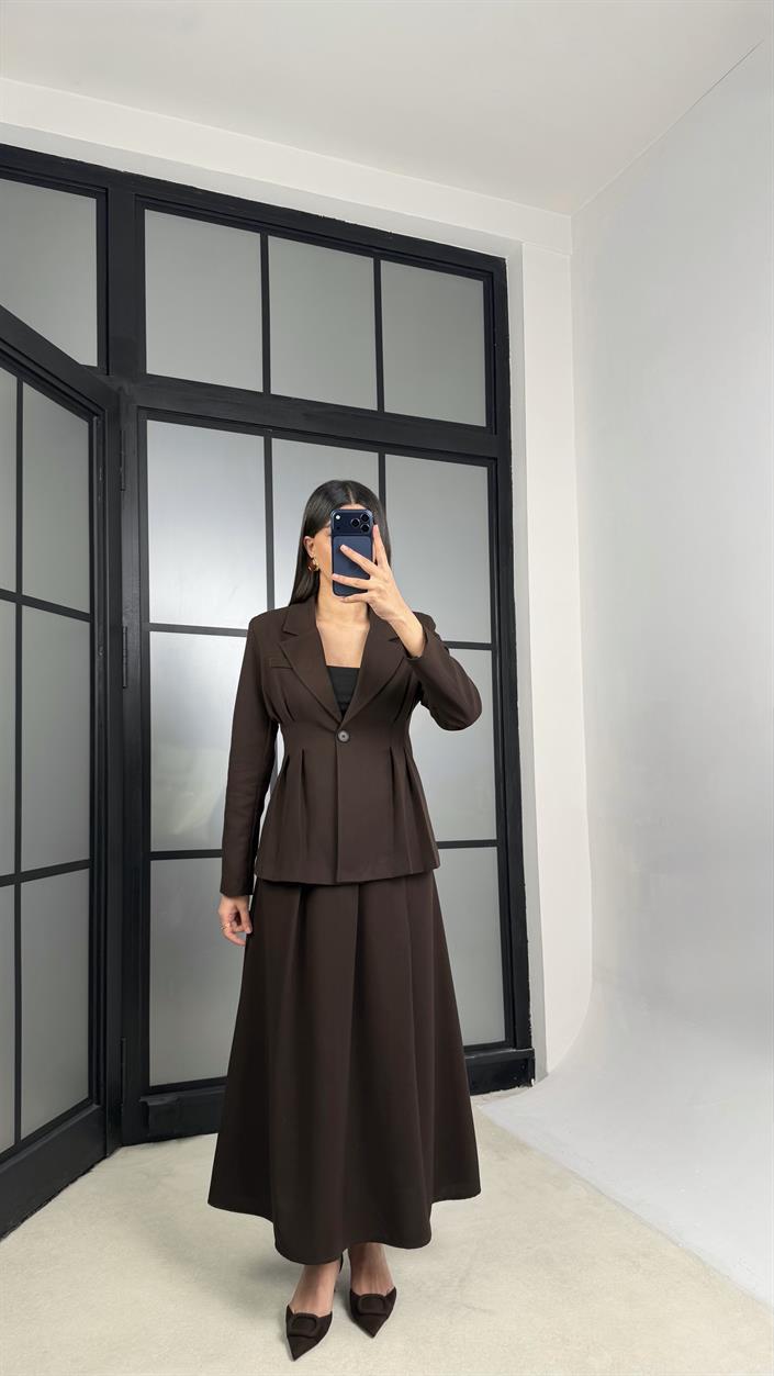 Acı Kahve Belden Oturtmalı Astarlı Vatkalı Ceket Cepli Etek Premium Takım GAUS-01290