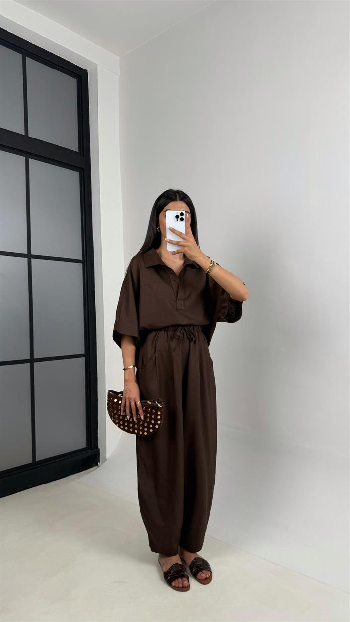 Acı Kahve Polo Yaka Yarasa Kol Bluz Şalvar Pantolon Md Muadil Premium Keten Takım Gaus00542