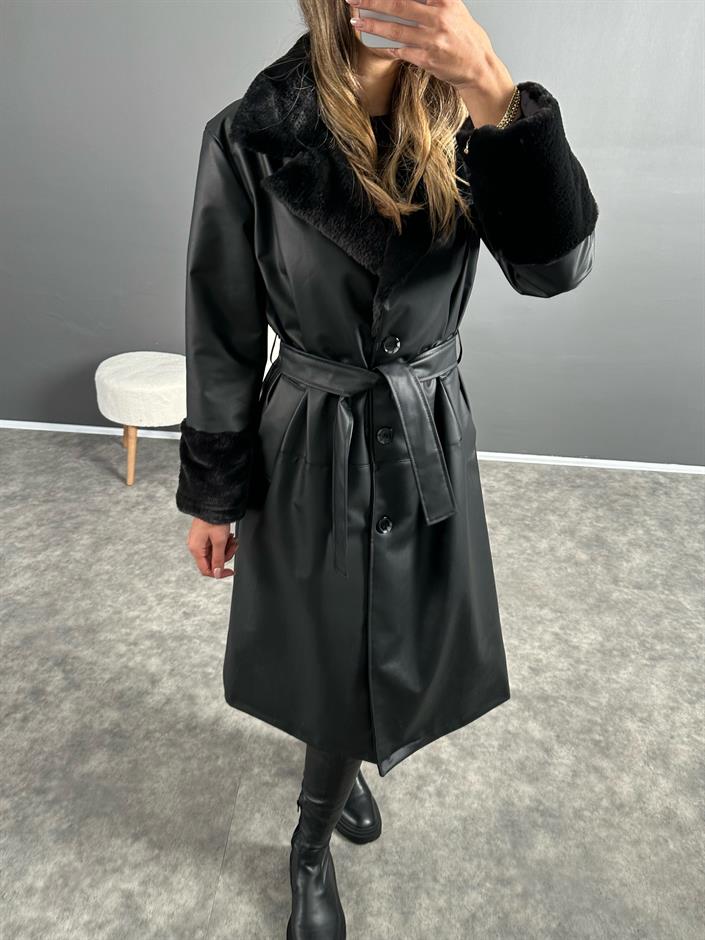 Siyah Peluş Detaylı Uzun Deri Trençkot 