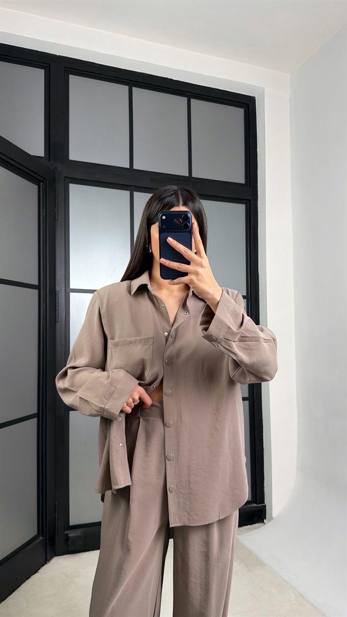 Vizon Vatkalı Gömlek Kemerli Pantolon İkili Tencel Takım GAUS-01319