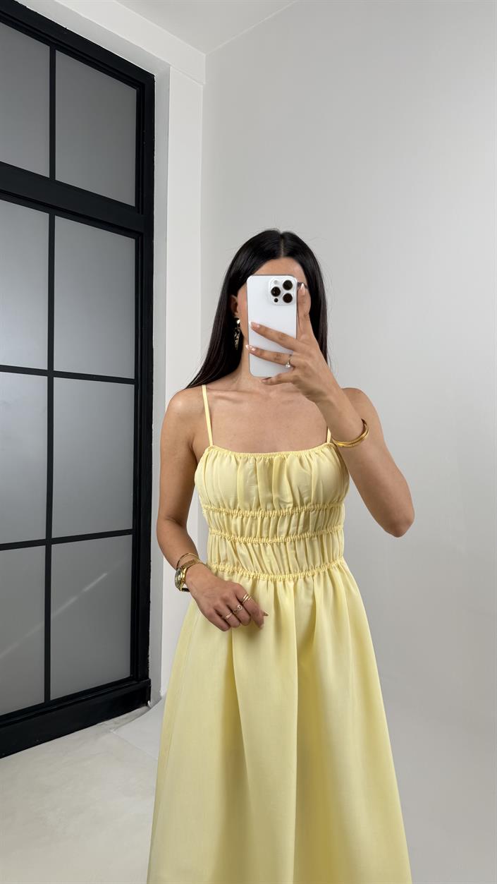 Sarı Ayarlanabilir Askılı Gipeli MD Muadil Tencel Elbise Gaus00617