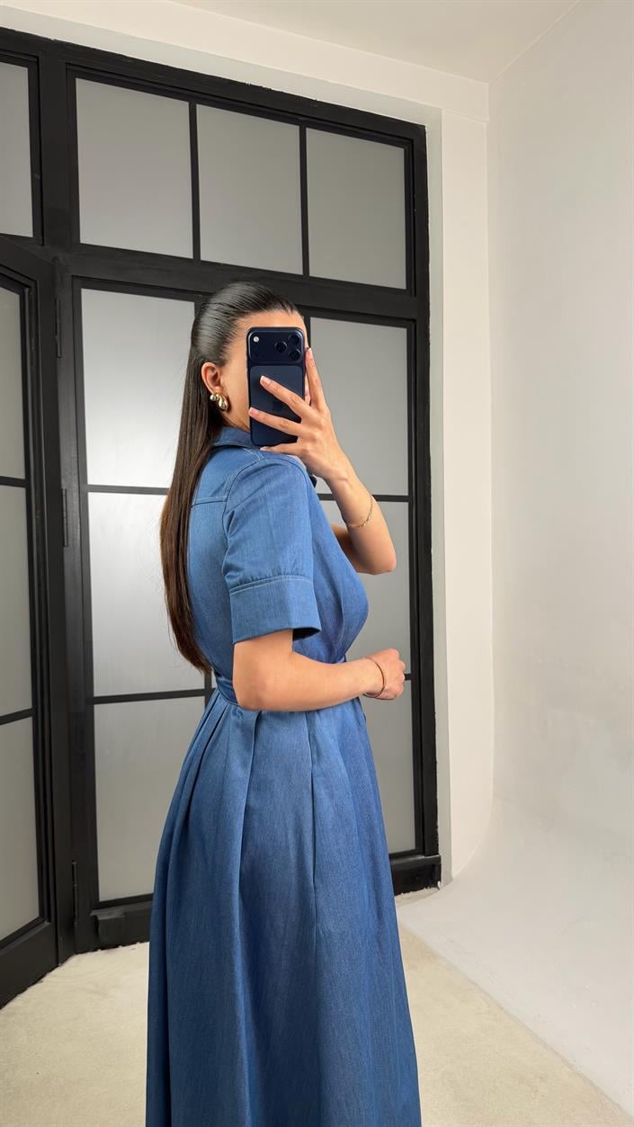 Mavi Kemerli Tencel Denim Premium Elbise GAUS-01452